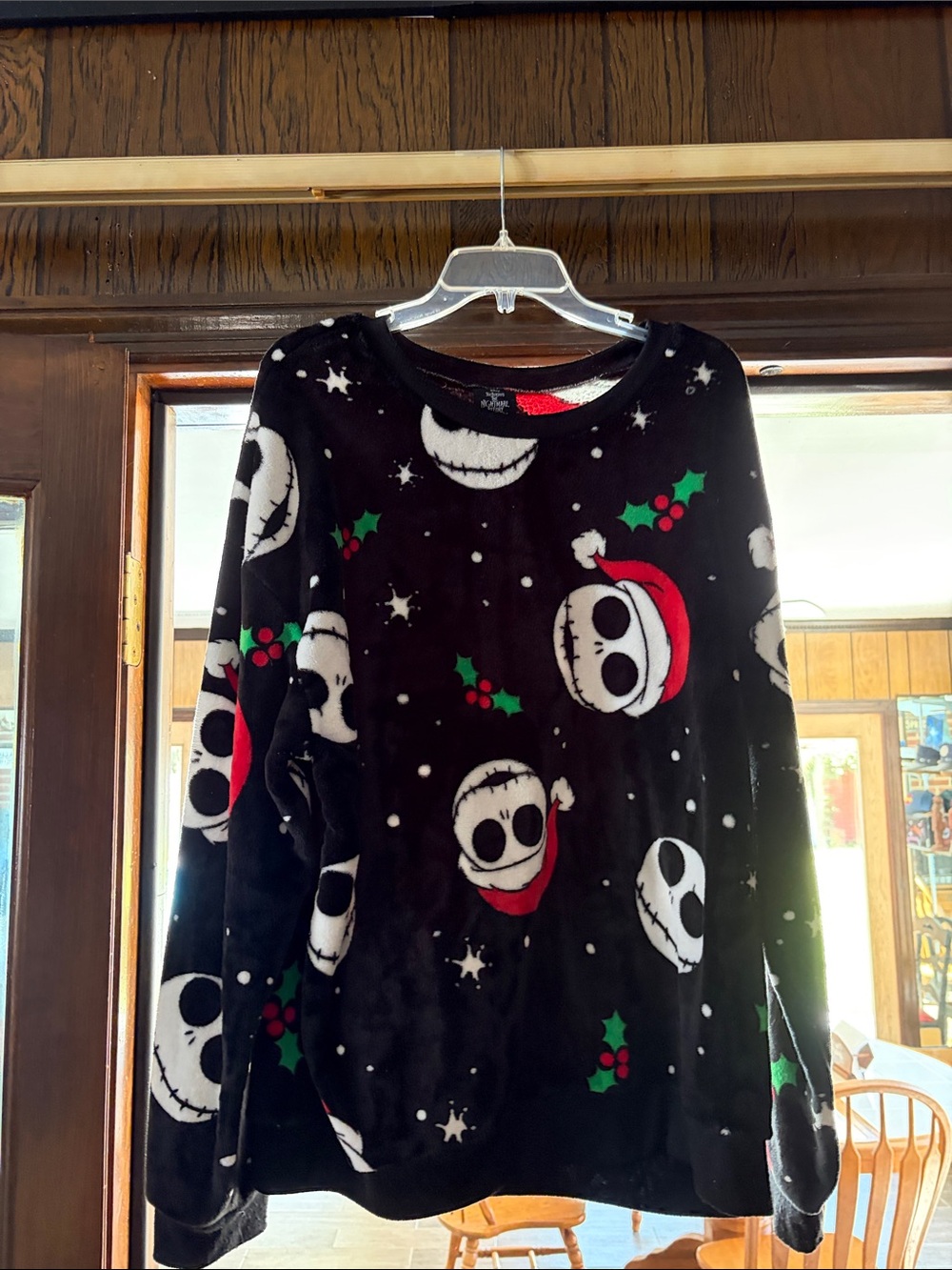 Disney Black Holiday Skull Fleece Sweatshirt with Red & Green Accents